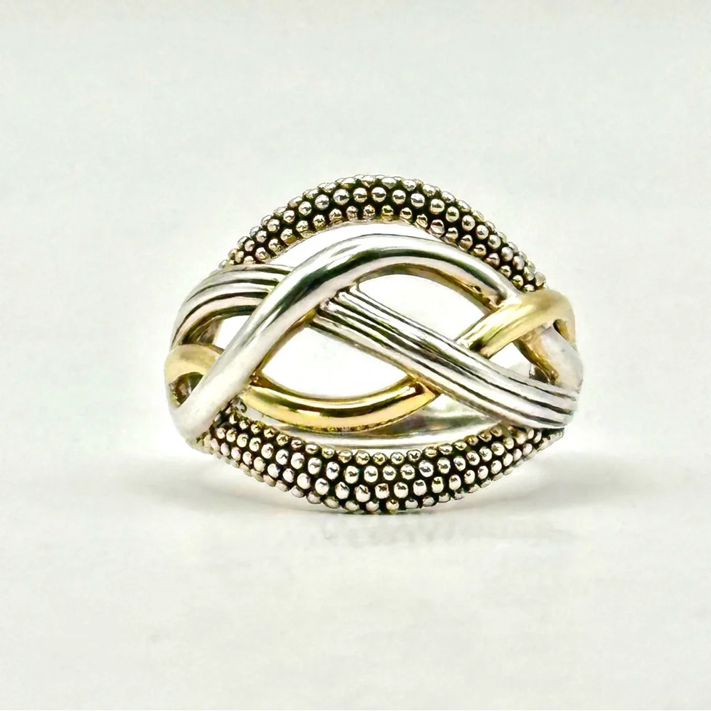 Lagos Vintage Caviar Two Tone Silver & Gold Braided Ring Size 7